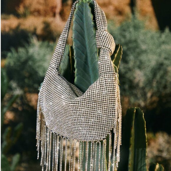 L ARTISTE SILVER RHINSTONE CRYSTAL FRINGED KNOTTED HANDLE HAND BAG - Picture 3 of 9